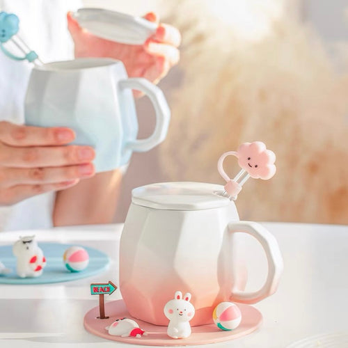Cute Mini Animals Pastel Gradient Ceramic Office Mug with Lid - Peachymart