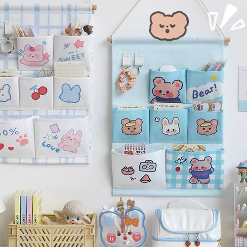 Cute Kawaii Bear & Bunny Friends Wall Hanging Pocket Storage Bag - Peachymart