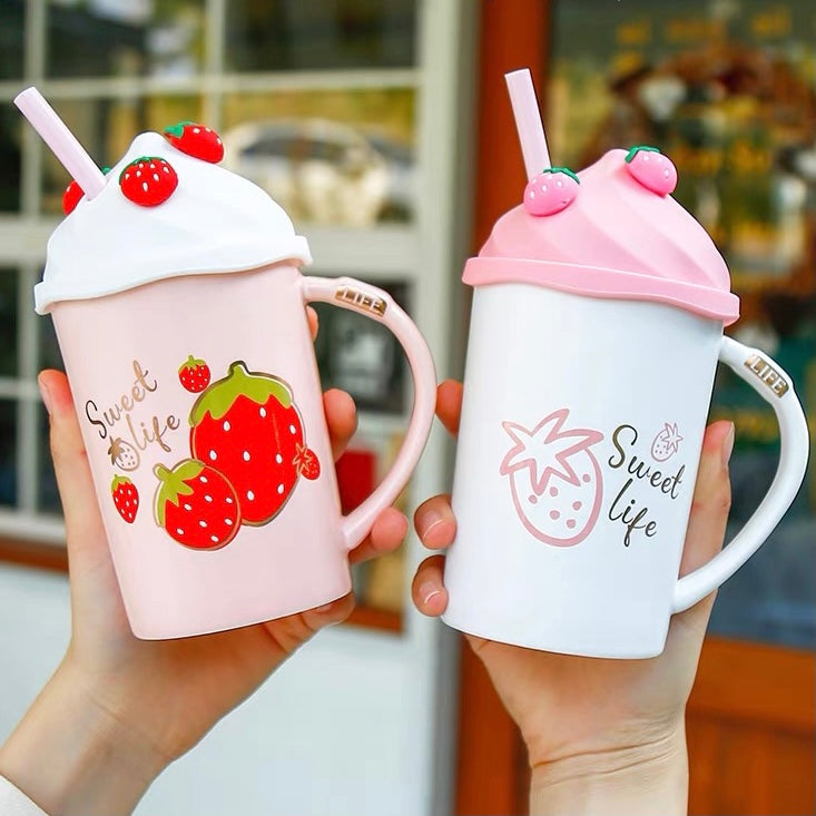 Cute Pink Strawberry Milkshake Ceramic Water Mug with Lid - Peachymart