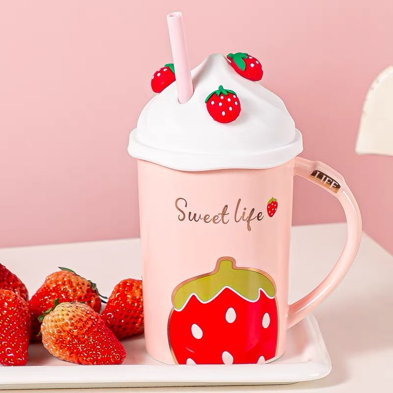 Cute Fruit Ceramic Cup Straw, Cute Strawberry Coffee Mug