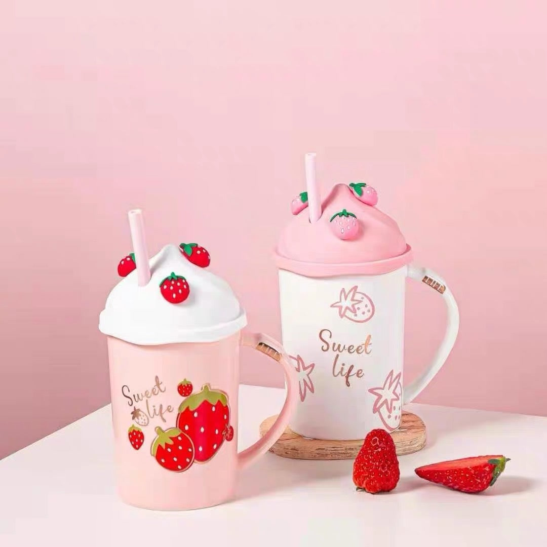 Korean-Style Cute Pink Strawberry Mug with Spoon Lid Large