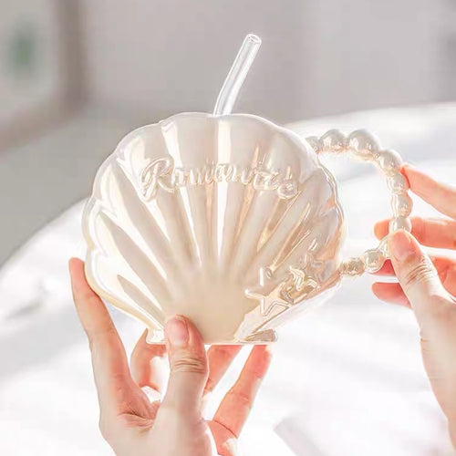 Cute Dreamy Mermaid Shell Pearl Ceramic Cup with Straw - Peachymart
