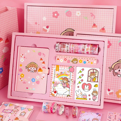 Cute Strawberry Girl Back to School Stationery Set with Notepad Stickers Memo Tape - Peachymart