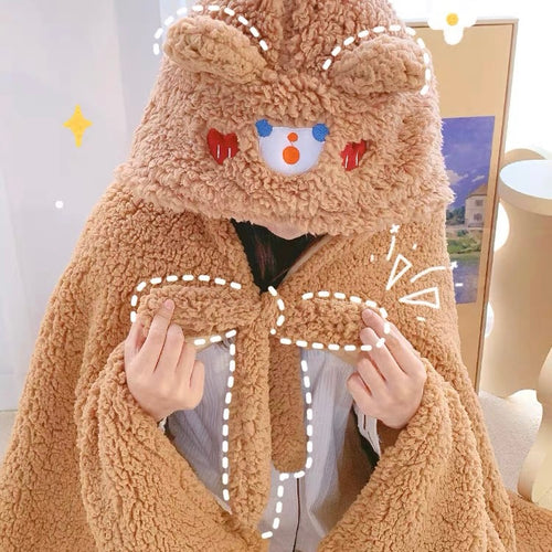 Cute Bear & Bunny Cozy Towel Coral Fleece Cloak Blanket - Peachymart