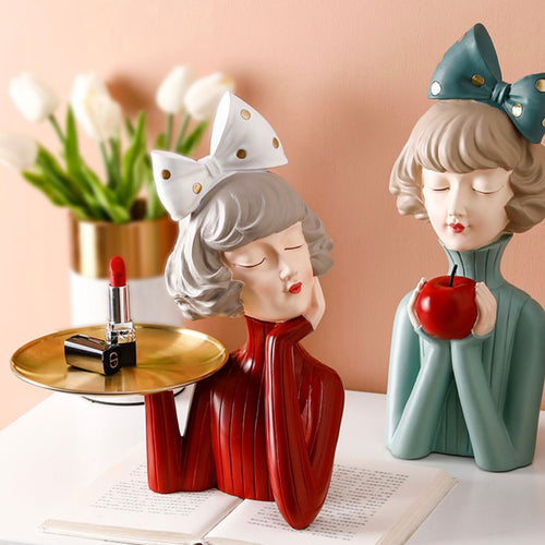 Cute Nordic Style Girl with Ribbon Home Decor Tray Figurine with Plate - Peachymart