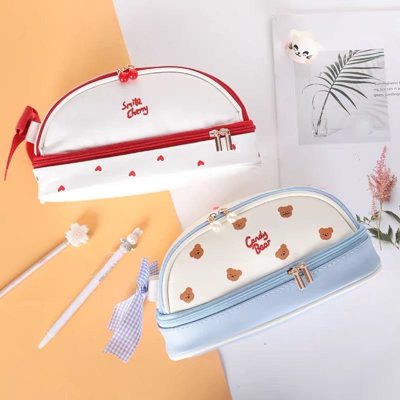 Kawaii Japanese Style Double Layer Heart & Strawberry & Bear Pencil Case