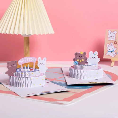 Kawaii Teddy Bear & Bunny Friends 3D Celebration Birthday Festive Card - Peachymart