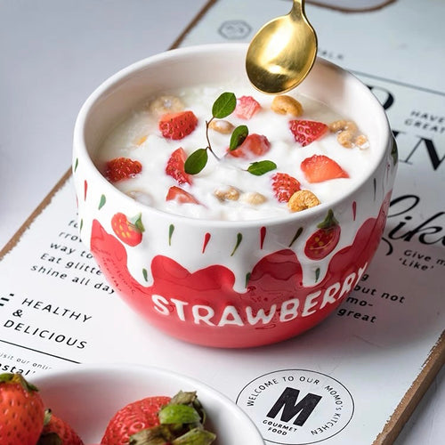 Kawaii Strawberry Ice Cream Ceramic Bowl Set - Peachymart