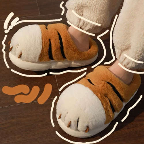 Cute Tiger Paw Fluffy Furry Winter Home Slippers - Peachymart