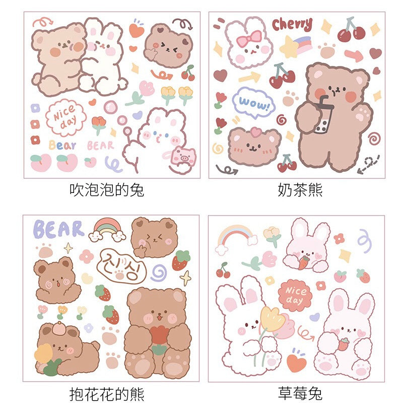 Kawaii Teddy Bear & Bunny Friends Wall Surface Sticker Set