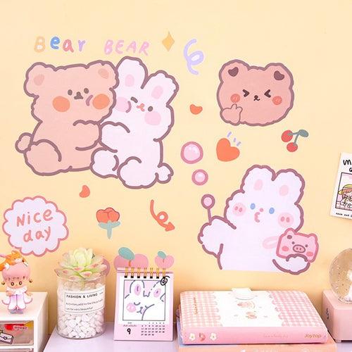 Kawaii Teddy Bear & Bunny Friends Wall Surface Sticker Set - Peachymart