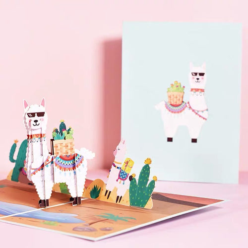 Cute 3D Cool Alpaca in Dessert Pop Up Birthday Festive Card - Peachymart