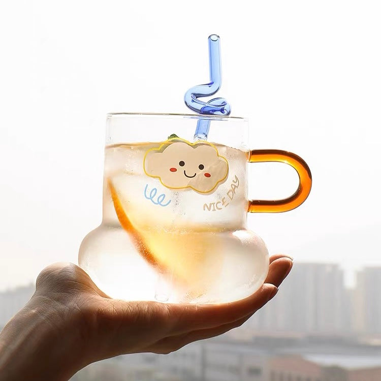 Cute Korea Style Illustration Print Pear Shape Transparent Glass Cup